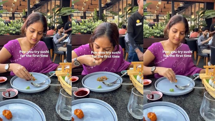 Pria pertama kali mencoba sushi lalu mencampur semua makanan hingga viral di media sosial